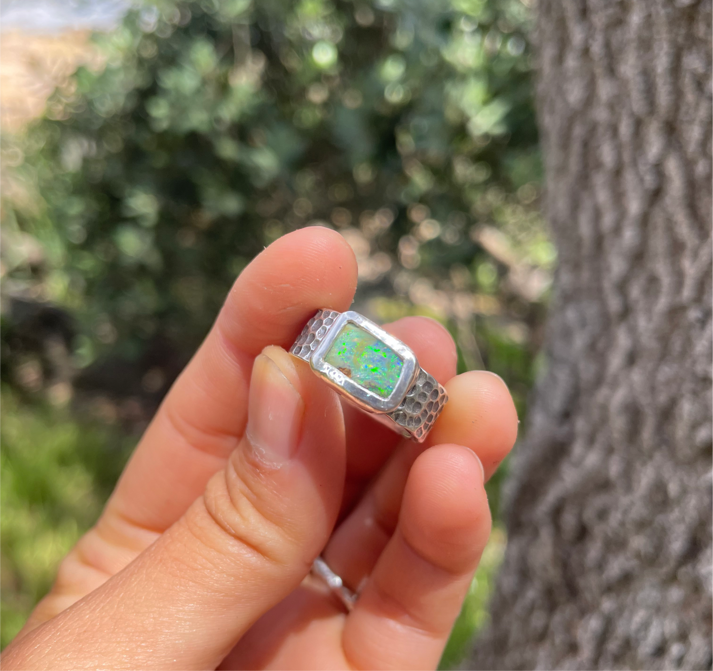 ~HAMMERED RING~ Blue Green Boulder opal (Size7.5, O1/2)