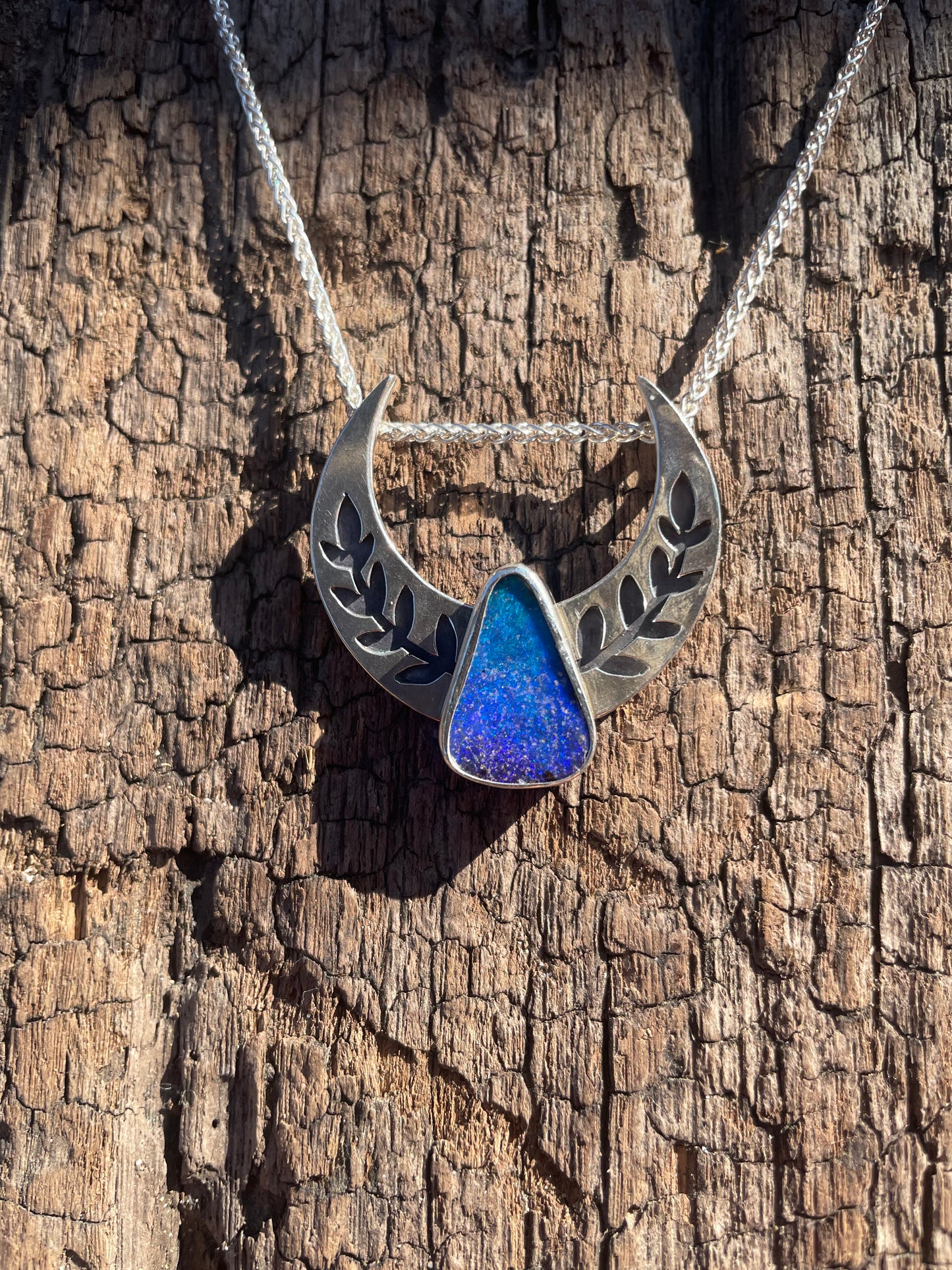 ~BOULDER OPAL MOON&LEAF PENDANT NECKLACE~