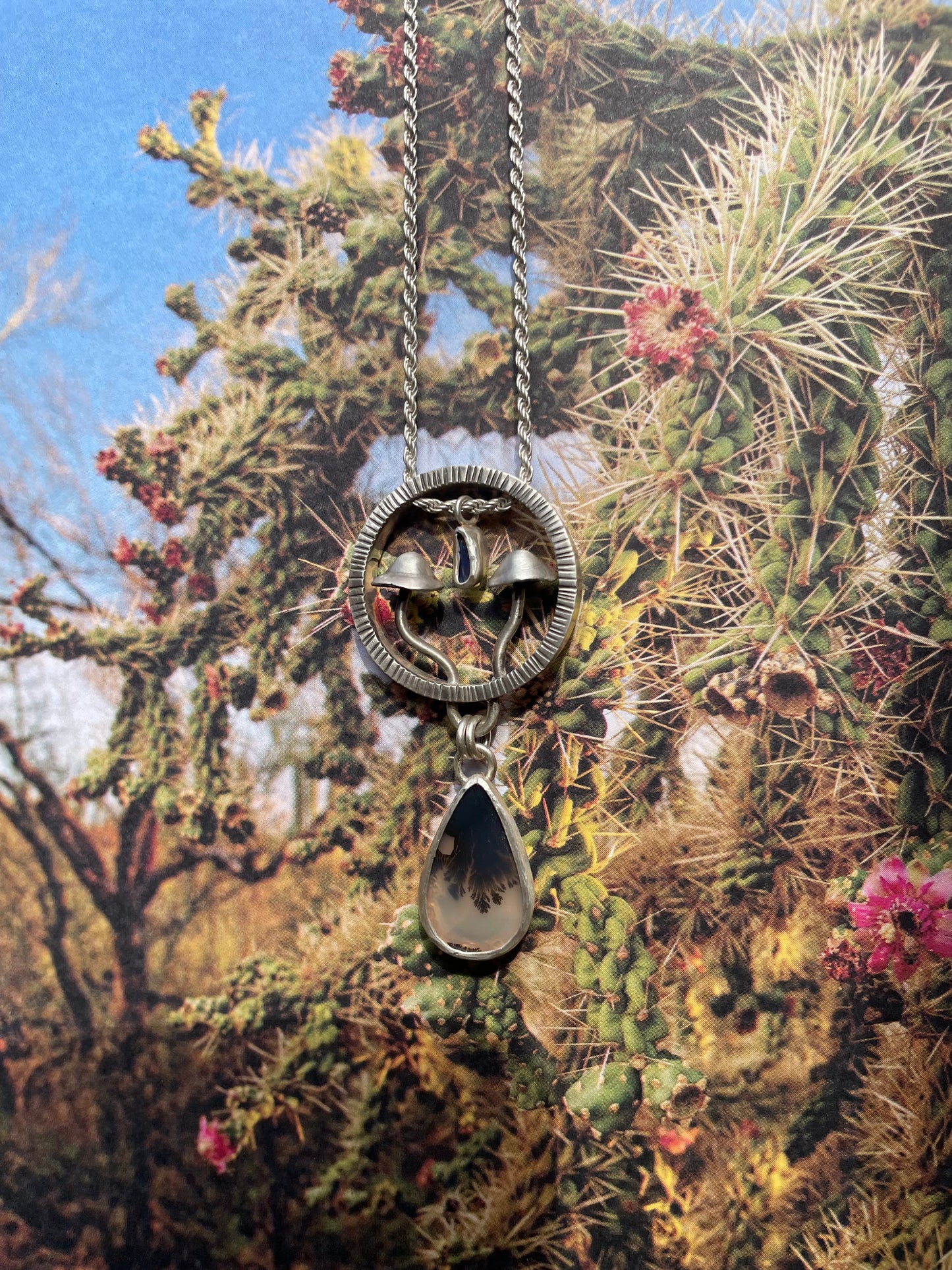 ~MUSHROOM ECOSYSTEM PENDANT~ Dendritic Agate & Blue Opal