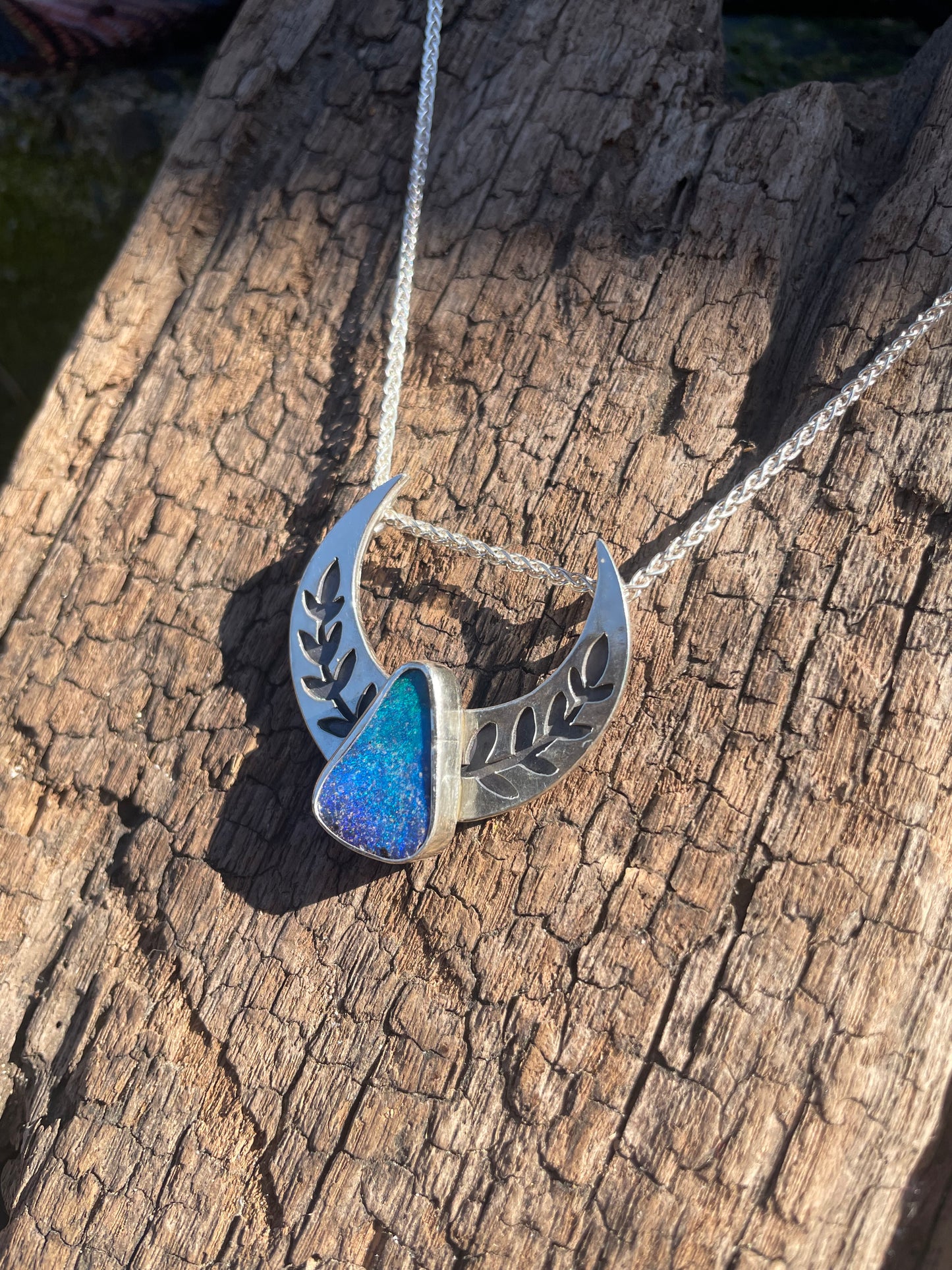 ~BOULDER OPAL MOON&LEAF PENDANT NECKLACE~