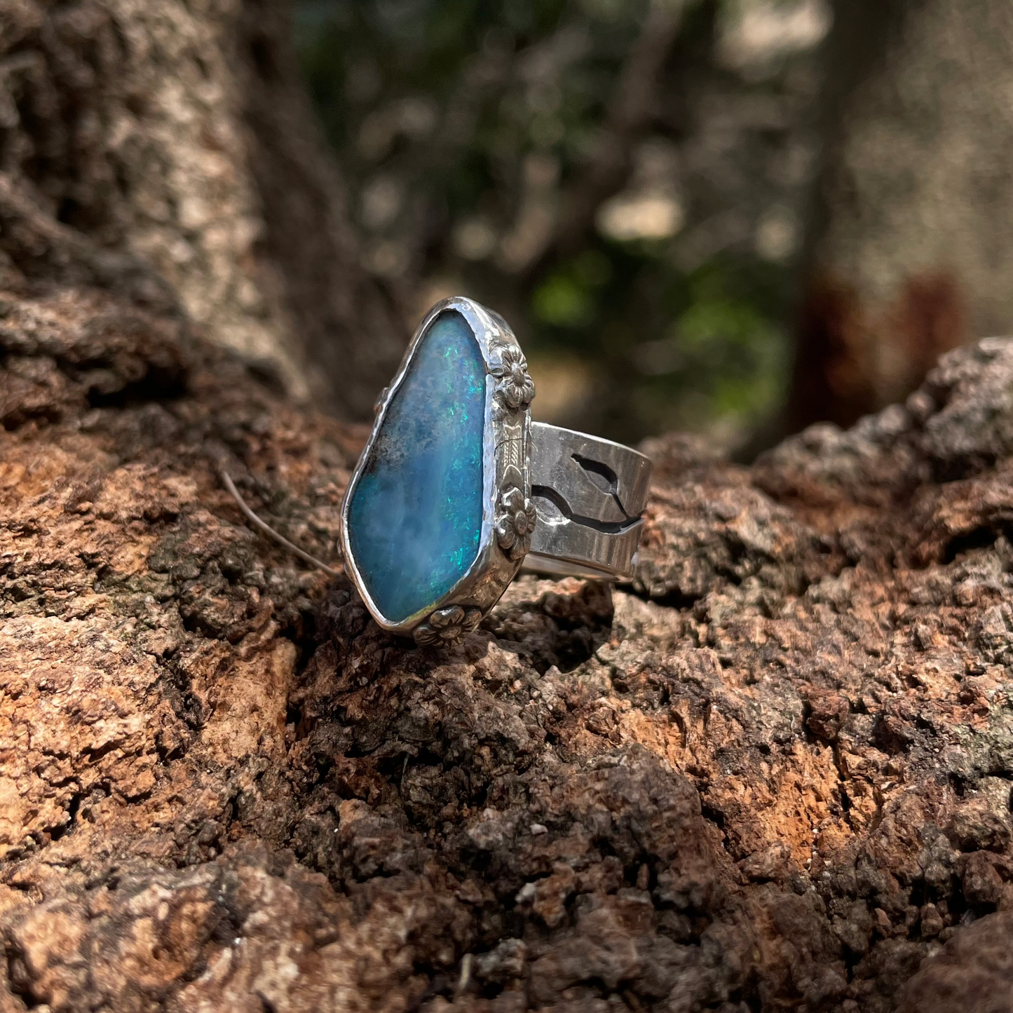 ~BLOOMING ~ Blue Boulder opal (Size7.25, O)