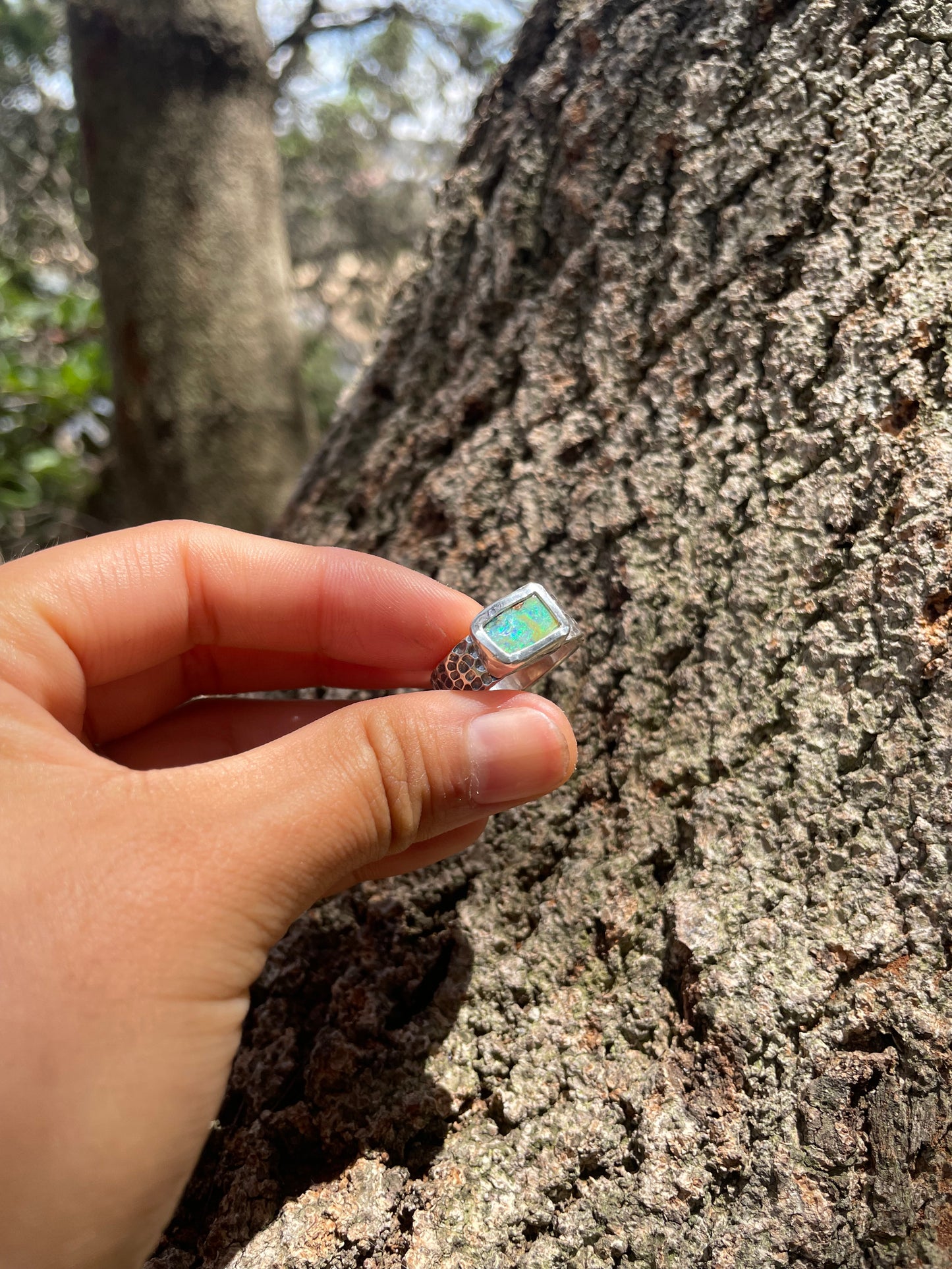 ~HAMMERED RING~ Blue Green Boulder opal (Size7.5, O1/2)