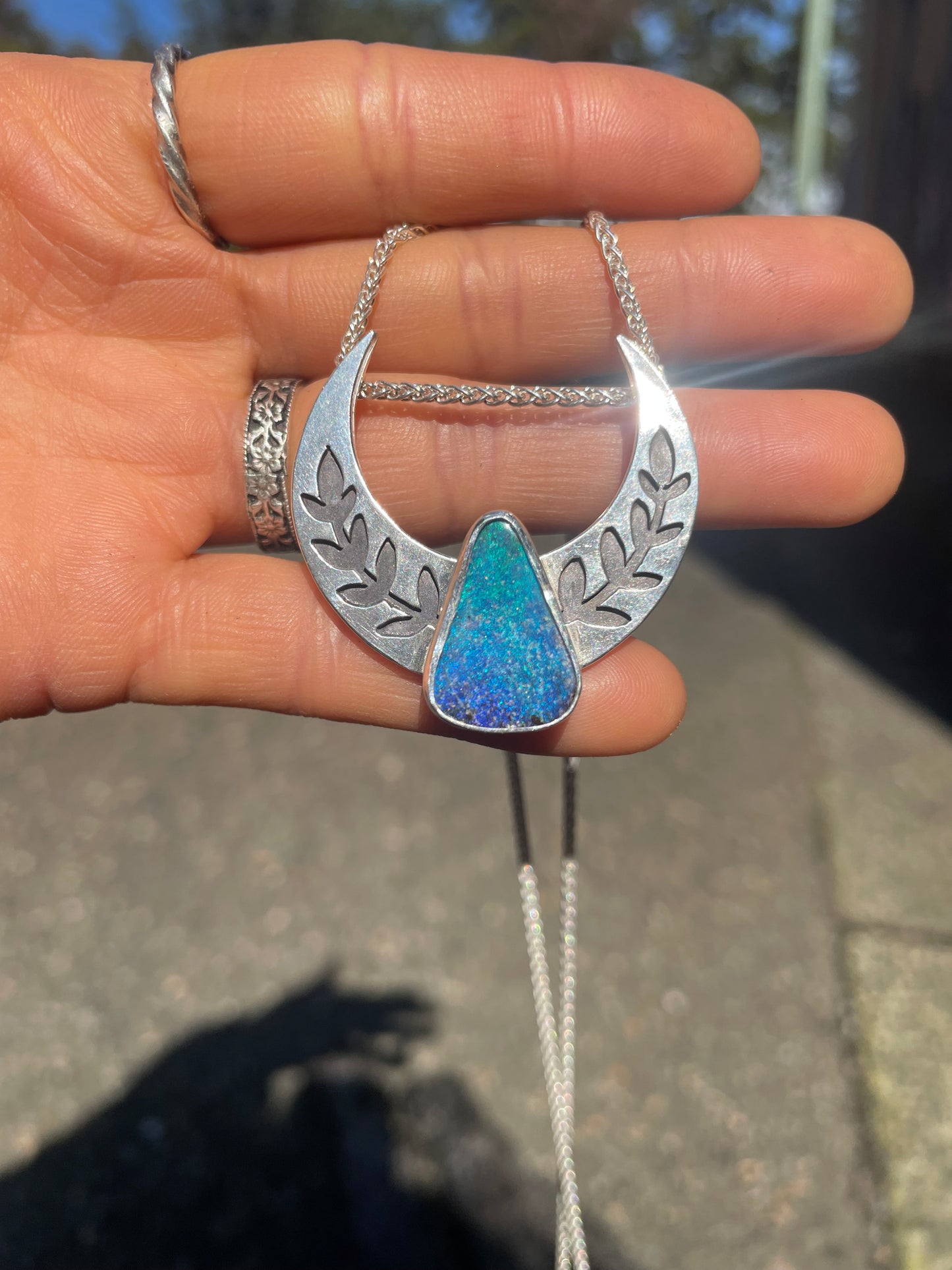 ~BOULDER OPAL MOON&LEAF PENDANT NECKLACE~