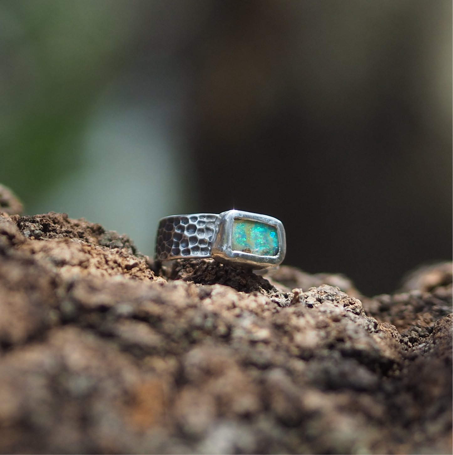 ~HAMMERED RING~ Blue Green Boulder opal (Size7.5, O1/2)