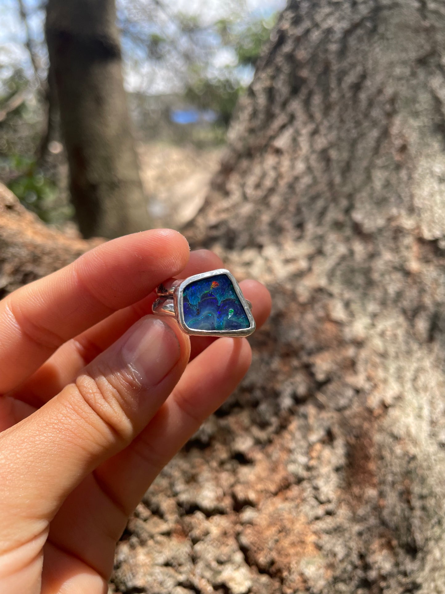 ~STAMPED CHUNKY RING~ Blue Boulder opal (Size8.25, Q)