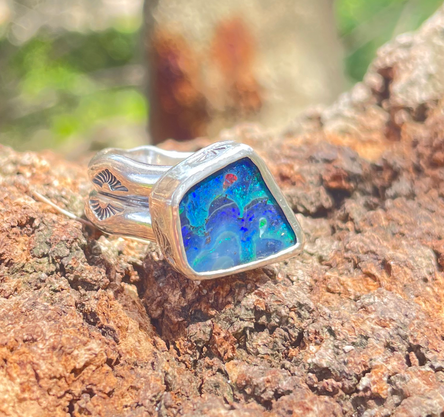 ~STAMPED CHUNKY RING~ Blue Boulder opal (Size8.25, Q)