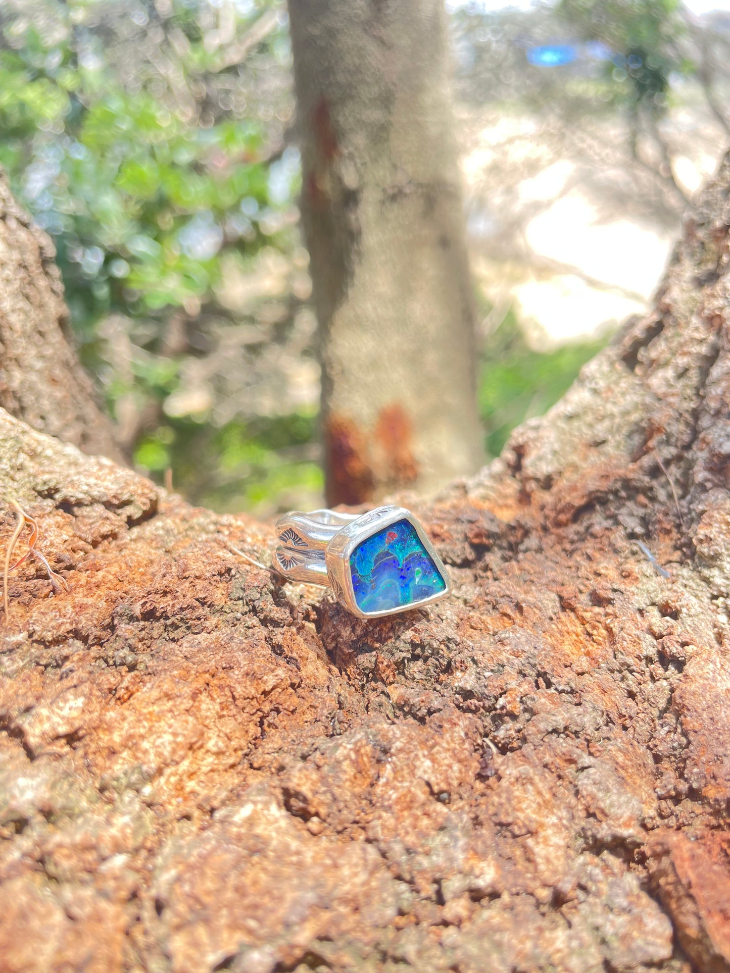 ~STAMPED CHUNKY RING~ Blue Boulder opal (Size8.25, Q)