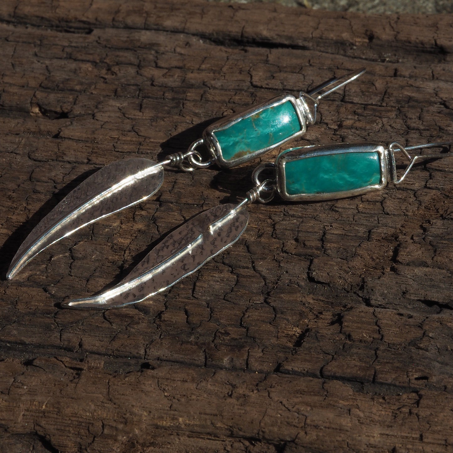 ~SONORAN TURQUOISE HAMMERED GUM LEAF EARRINGS~