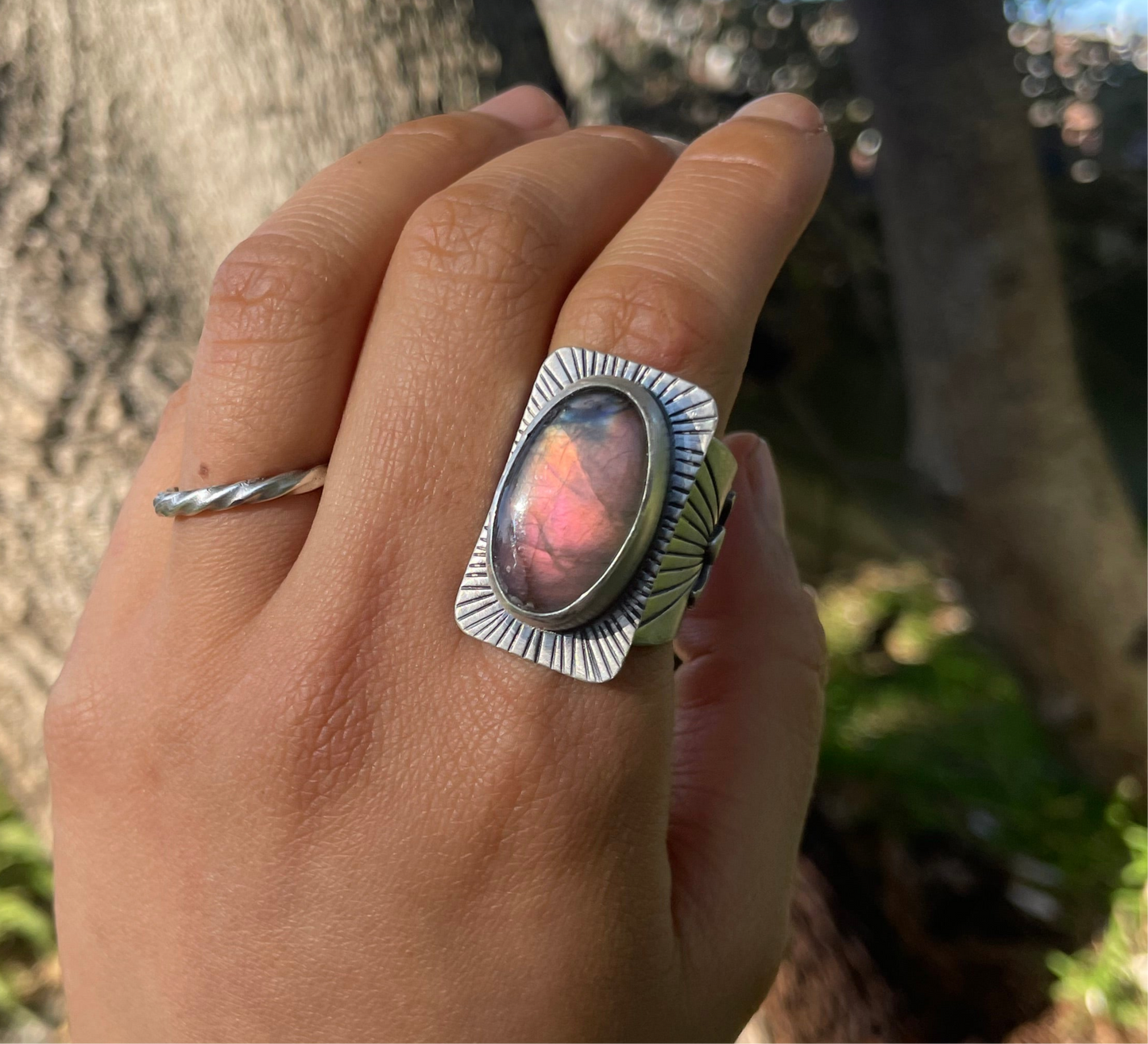 ~STRAWBERRY MOON~ PINK LABRADORITE RING (Size O, US7.25 )