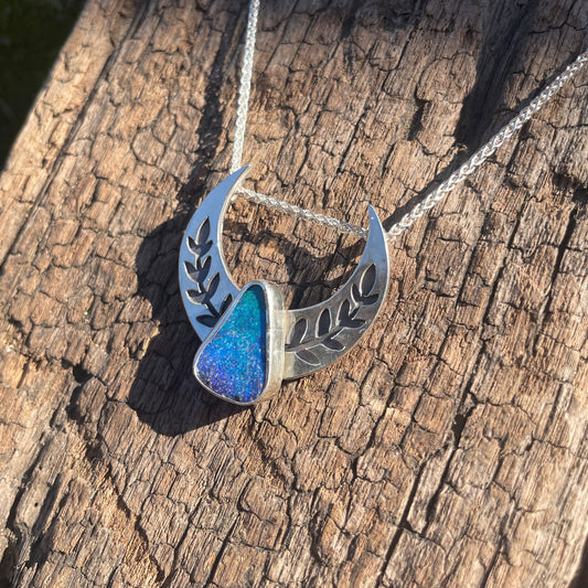 ~BOULDER OPAL MOON&LEAF PENDANT NECKLACE~
