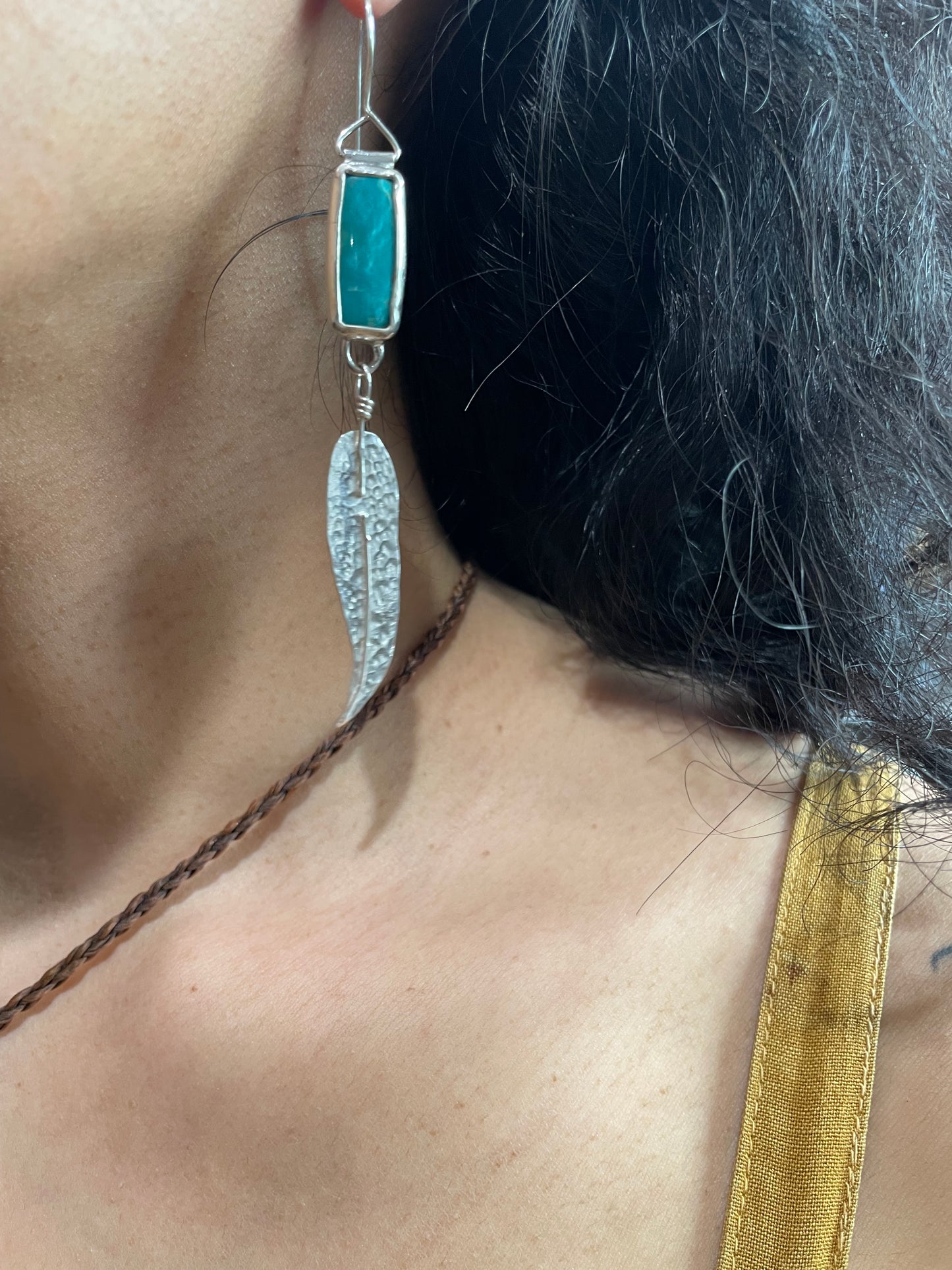 ~SONORAN TURQUOISE HAMMERED GUM LEAF EARRINGS~