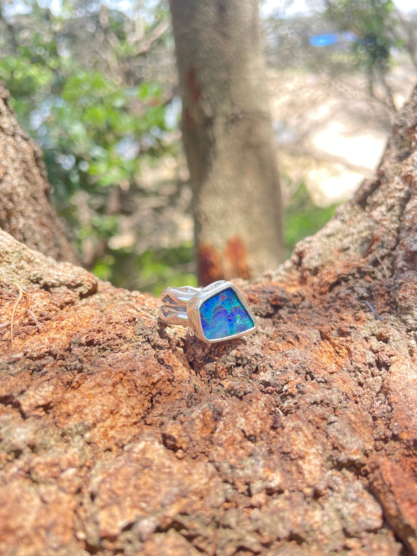 ~STAMPED CHUNKY RING~ Blue Boulder opal (Size8.25, Q)