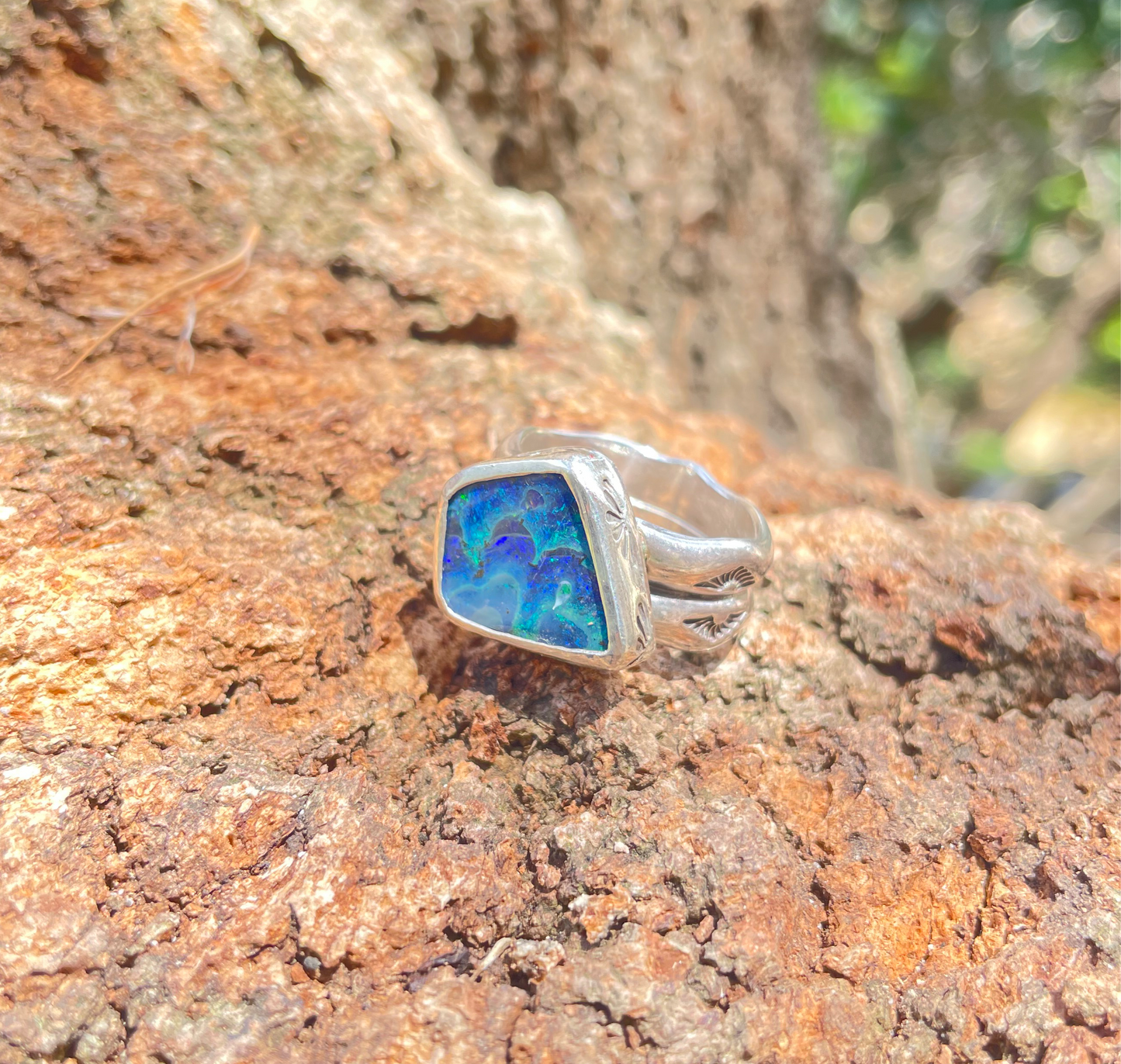 ~STAMPED CHUNKY RING~ Blue Boulder opal (Size8.25, Q)