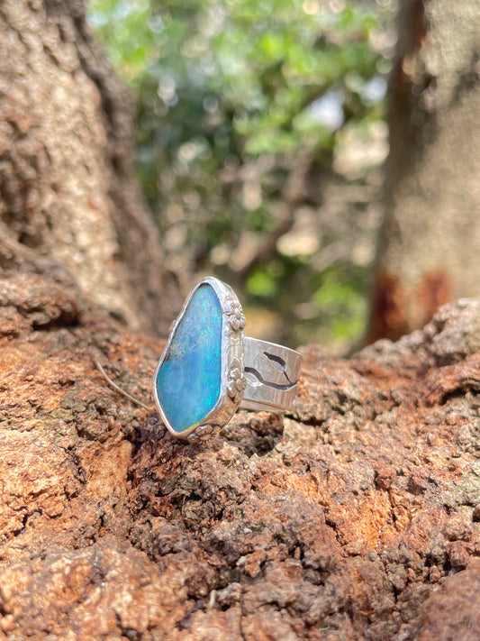 ~BLOSSOM~ Blue Boulder opal (Size7.25, O)