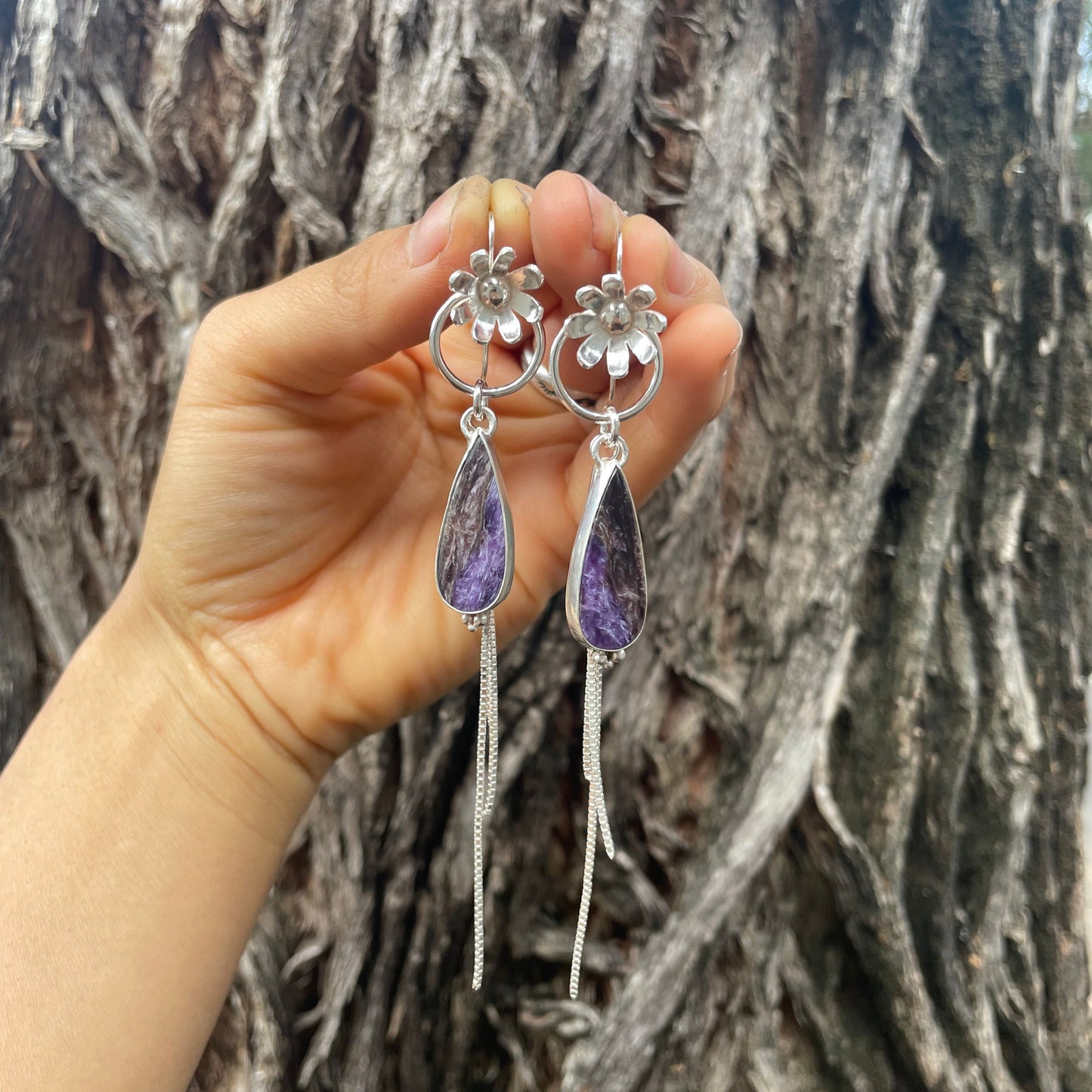 ~CHAROITE FLOWER FRINGE EARRINGS~