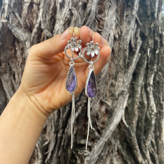 ~CHAROITE FLOWER FRINGE EARRINGS~