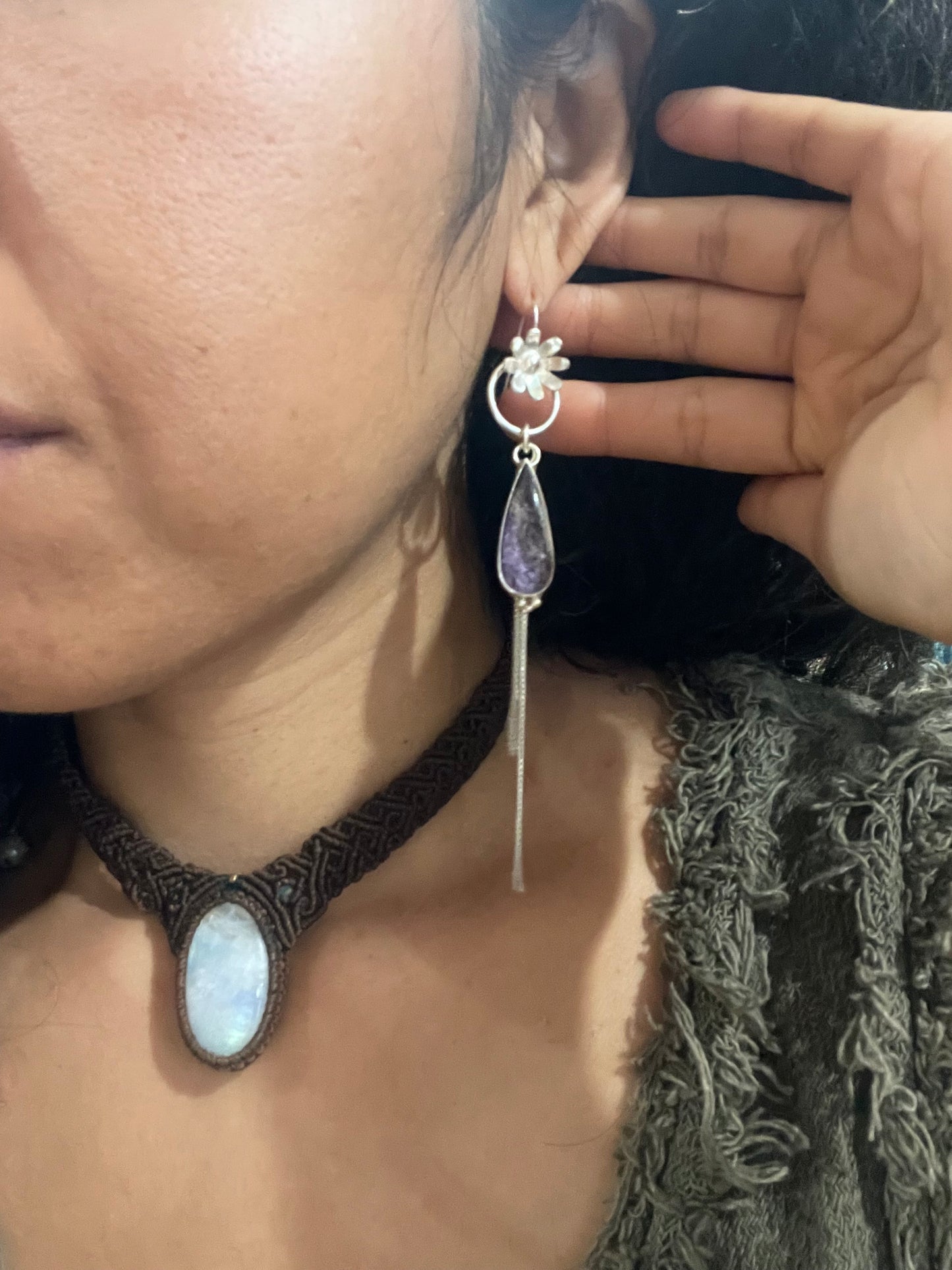 ~CHAROITE FLOWER FRINGE EARRINGS~