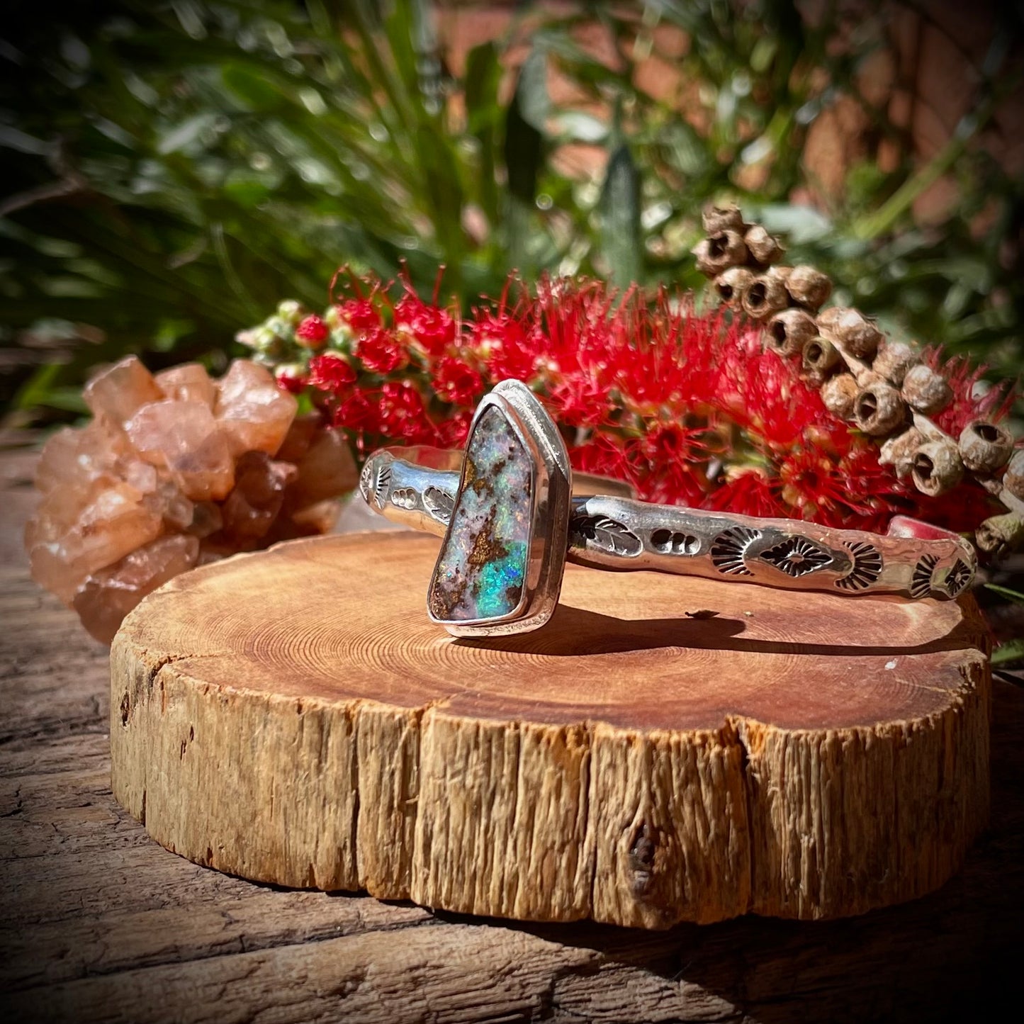 ~PINK BLUE BOULDER OPAL STAMPED CUFF~