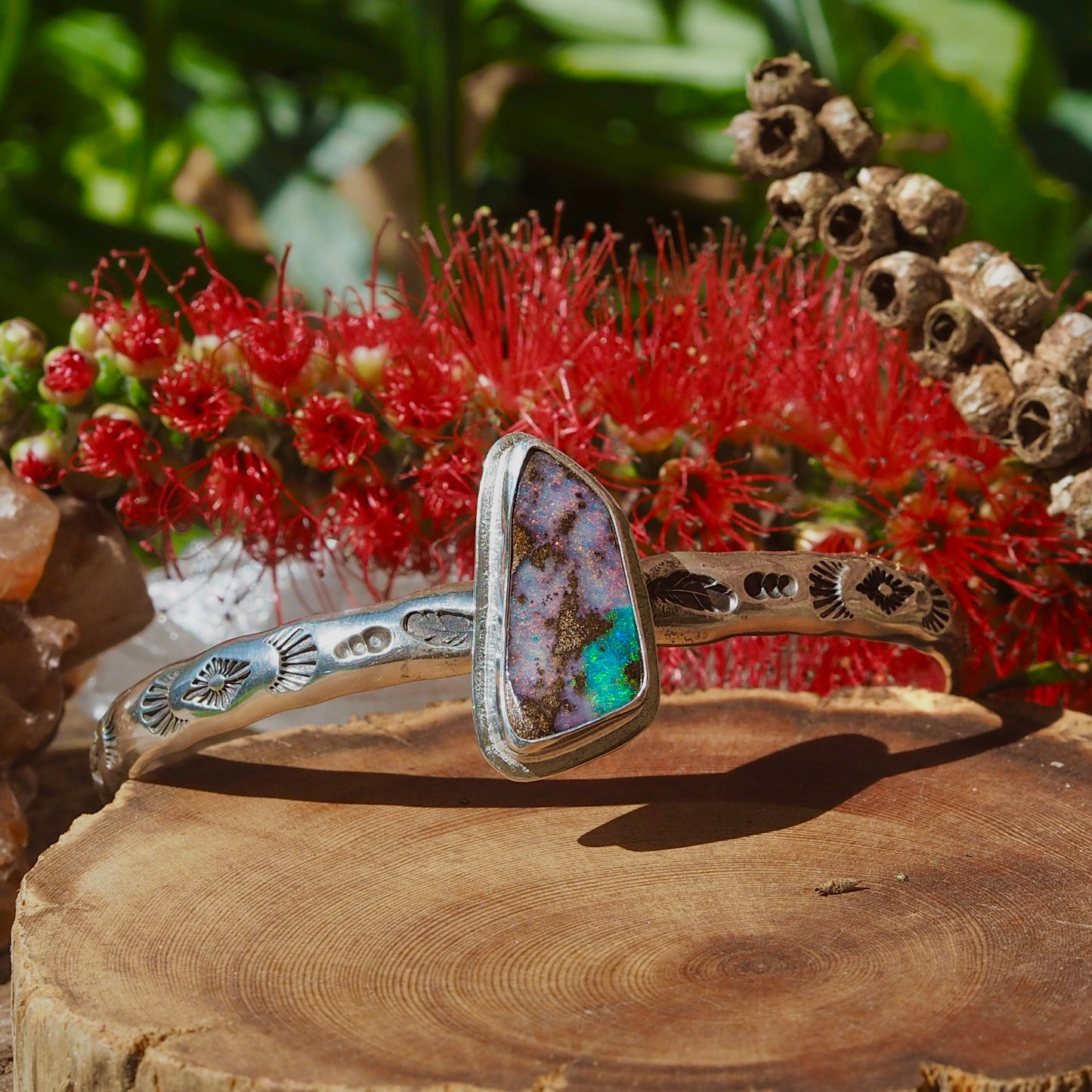 ~PINK BLUE BOULDER OPAL STAMPED CUFF~