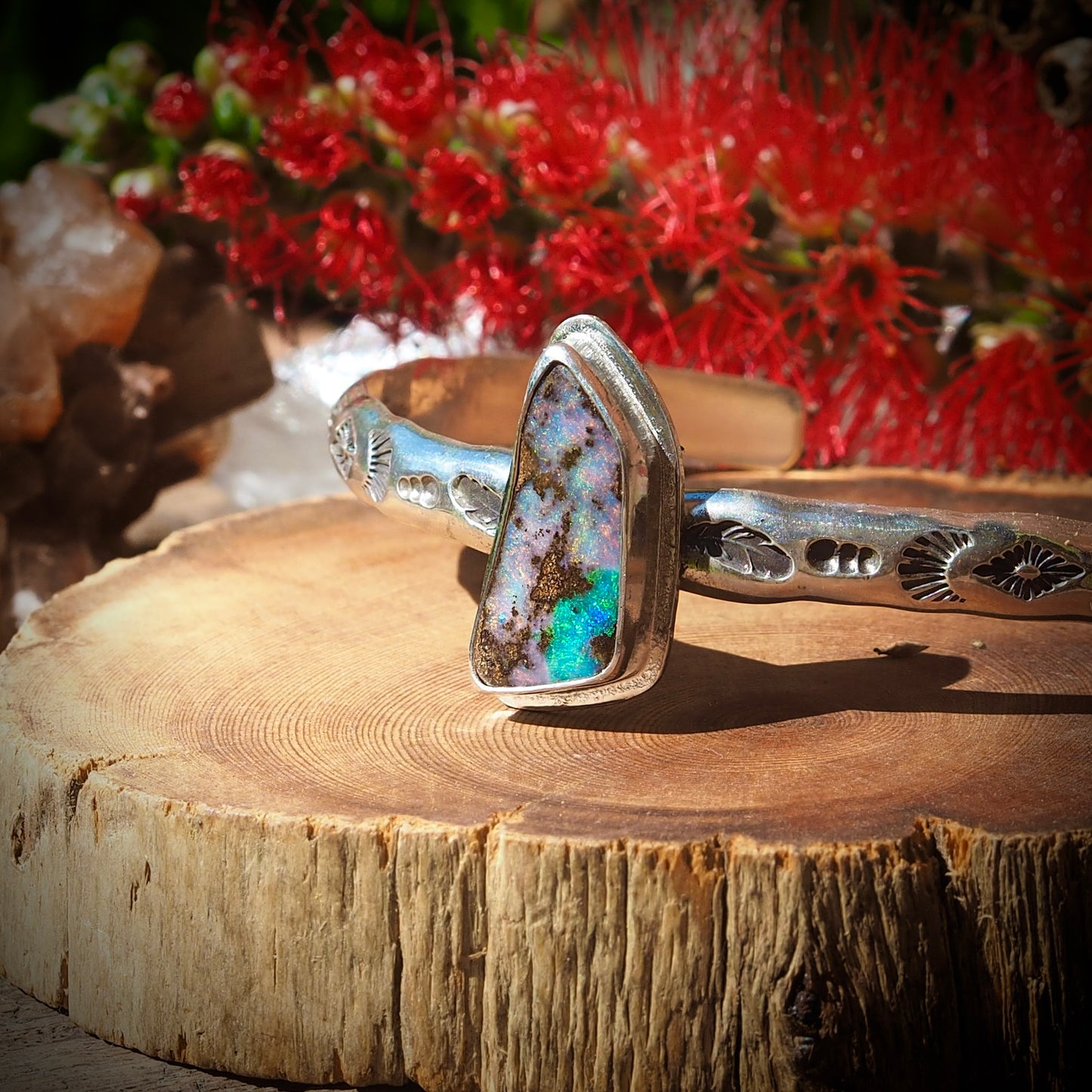 ~PINK BLUE BOULDER OPAL STAMPED CUFF~