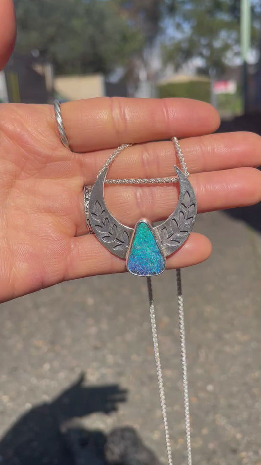 ~BOULDER OPAL MOON&LEAF PENDANT NECKLACE~
