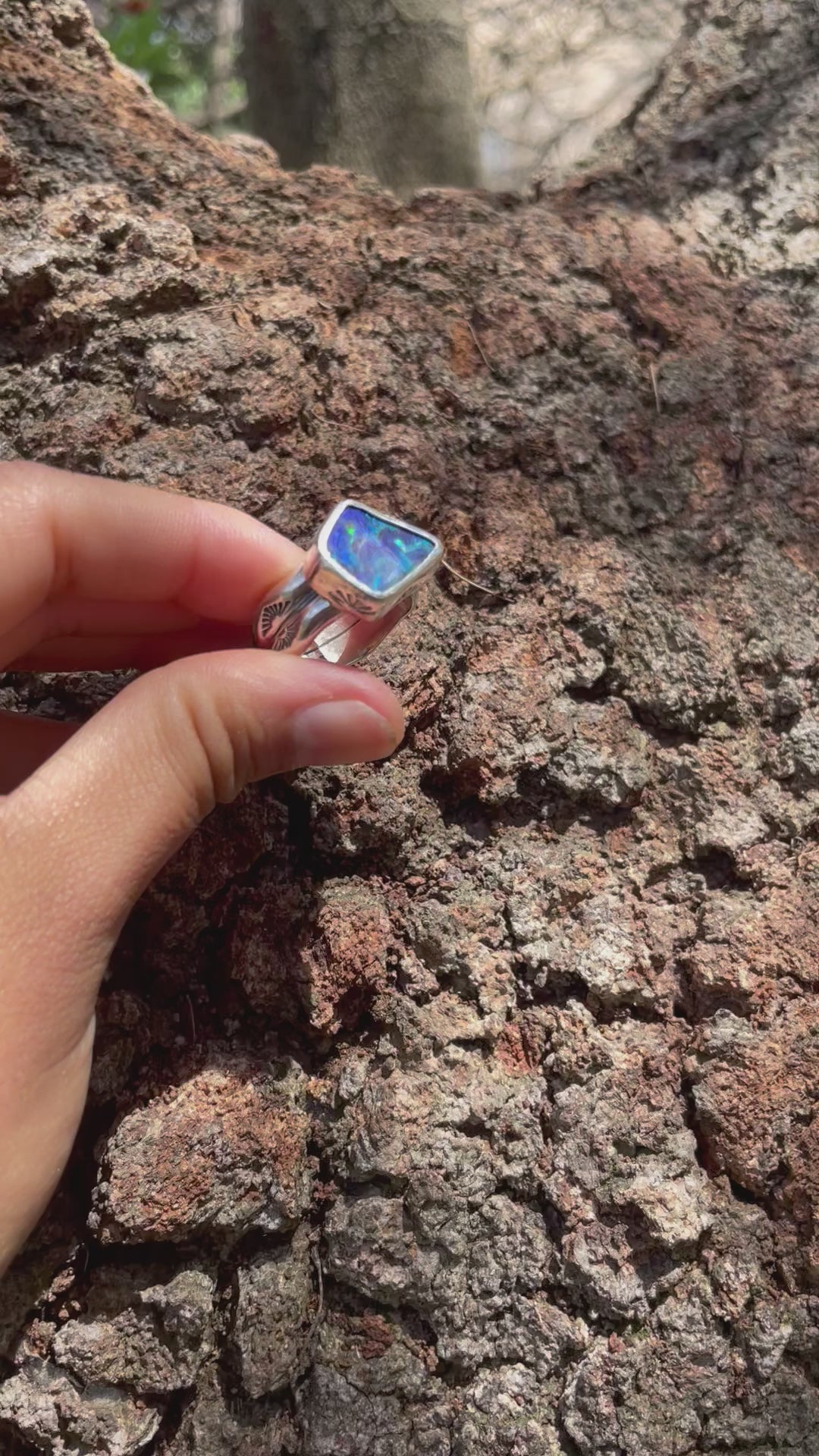 STAMPED CHUNKY RING~ Blue Boulder opal (Size8.25, Q